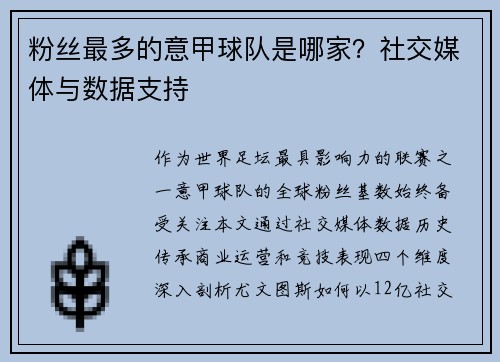 粉丝最多的意甲球队是哪家？社交媒体与数据支持
